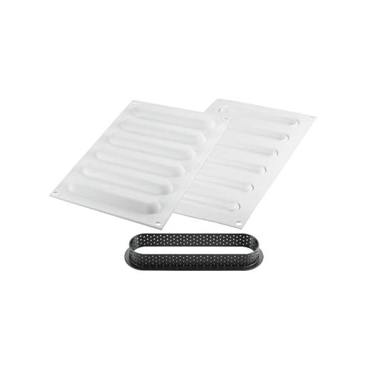 [25.287.87.0065] KIT TARTE RING OBLONG 146X34 MM - SET SILICONE MOULD 133X21 + 6 RINGS White